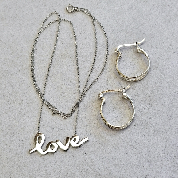 SET! 925 Silver Cursive Love Pendant with 925 Silver Hoop Earrings SET! - Picture 2 of 16